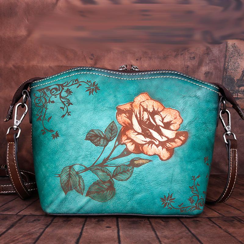 The First Layer of Cowhide One-shoulder Messenger Women's Bag, Chinese Style Rose Rose Women's Bag