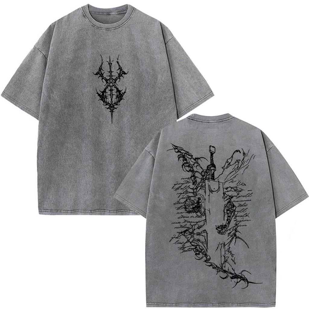Unisex Washed Anime Berserk Guts T-shirts Swordsman Gatsu Sacrifice Zodd Cosplay T Shirt Oversized Cotton Vintage T Shirts Streetwear