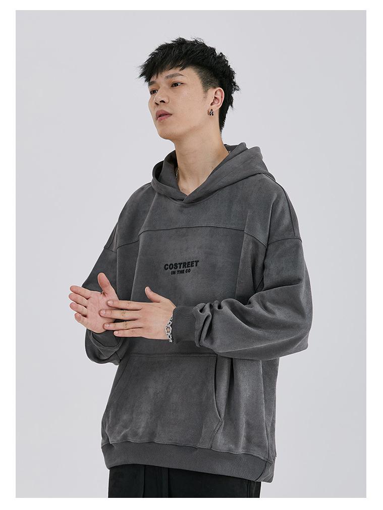 Mr. Cotton Men's Trendy Suede Plush Hooded Sweatshirt, Heavyweight 380g, Loose Fit, Long Sleeve, Printed Design.