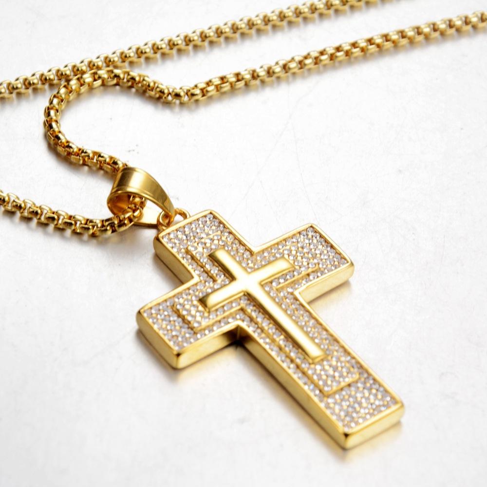Religious Fashion Iced Out Bling Jesus Cross Pendant Male Gold Color Stainless Steel Christian Big Necklace for Men Jewelry Gift