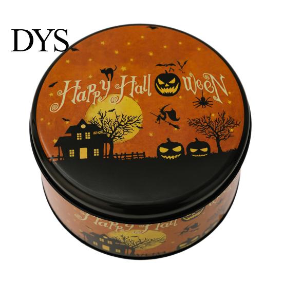 Small Metal Trinket Case Halloween Round Tin Box, Candy Cookie Storage Container with Pumpkin Witch Themed Gift Box Print, Spooky Party Favor Reusable