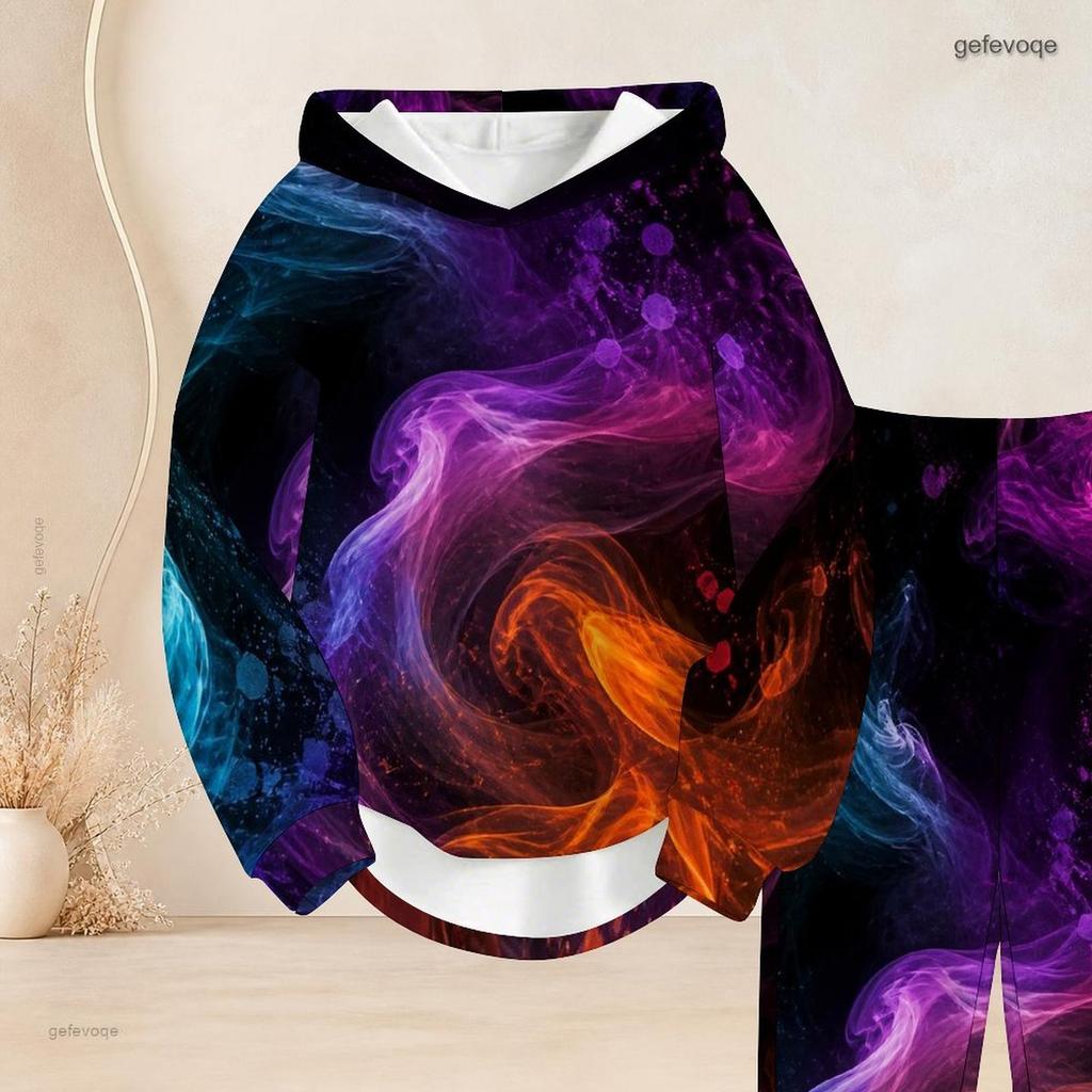Women Plus Size Two Piece Set Hooded Long Sleeve Galaxy Printed Top Cuffed Pants