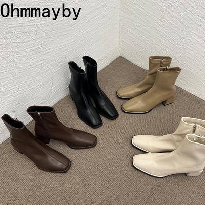 Fashion High Quality Soft PU Leather Women Ankle Boots Square Toe Square Heel Short Boots 2025 Autumn Winter Women Shoes Chelsea Boots