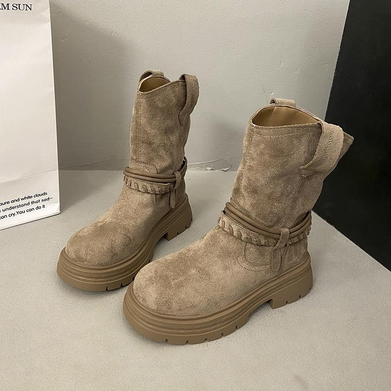 French thick heel round head suede pleated piled boots 2025 new autumn temperament fashionable and thin versatile short boots women