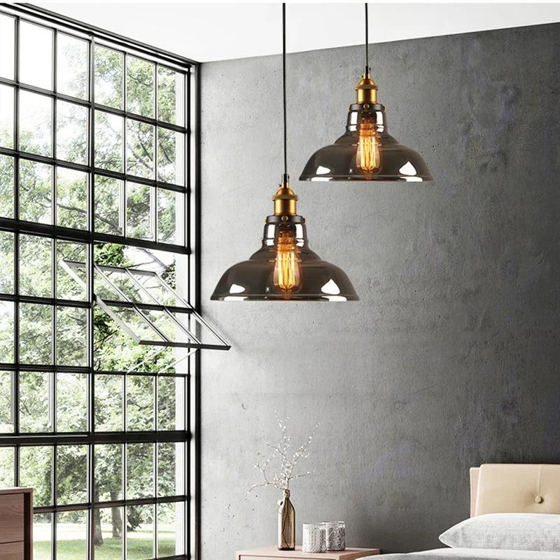 Vintage LED Pendelleuchten Glas Hängelampe Loft Leuchte Esszimmer Küche Innendekor Schlafzimmer Rauchgrau Bernstein Klar