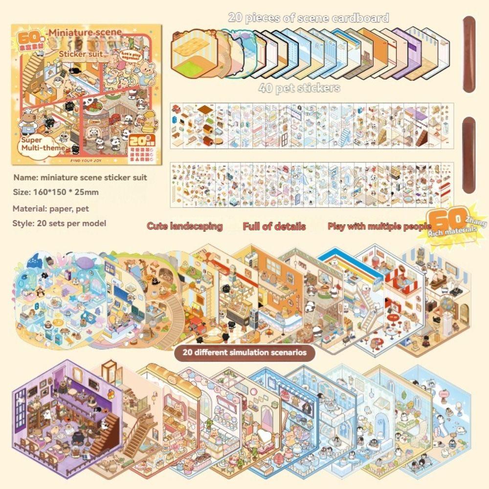 Cartoon 3D Landscaping Stickers 20 Sheets Scene Sticker Book Creative Miniature Scene Stickers