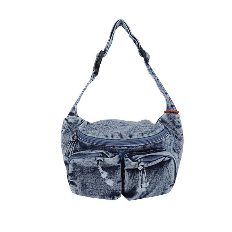 Street Style Denim Shoulder Bag With Multipocket Design For Outdoor Activities And Commuting