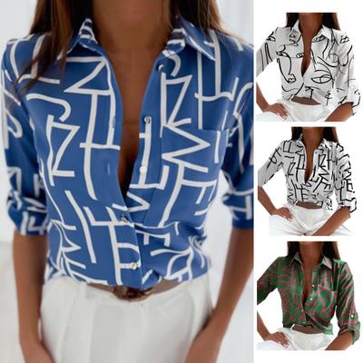 Women Shirt Lapel Single Breasted Slim Shirt Geometric Pattern Long Sleeve Fit Tops Shirt Streetwear