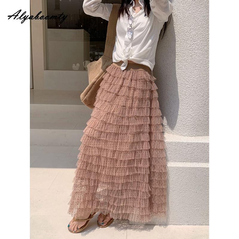 

Korean Style Spring Summer Women Polka Dot Midi Skirt High Waist Yellow Brown Blue Beige Layered Ruffles Skirt Feminine Elegant Chic Tierred Skirt One Size коричневий