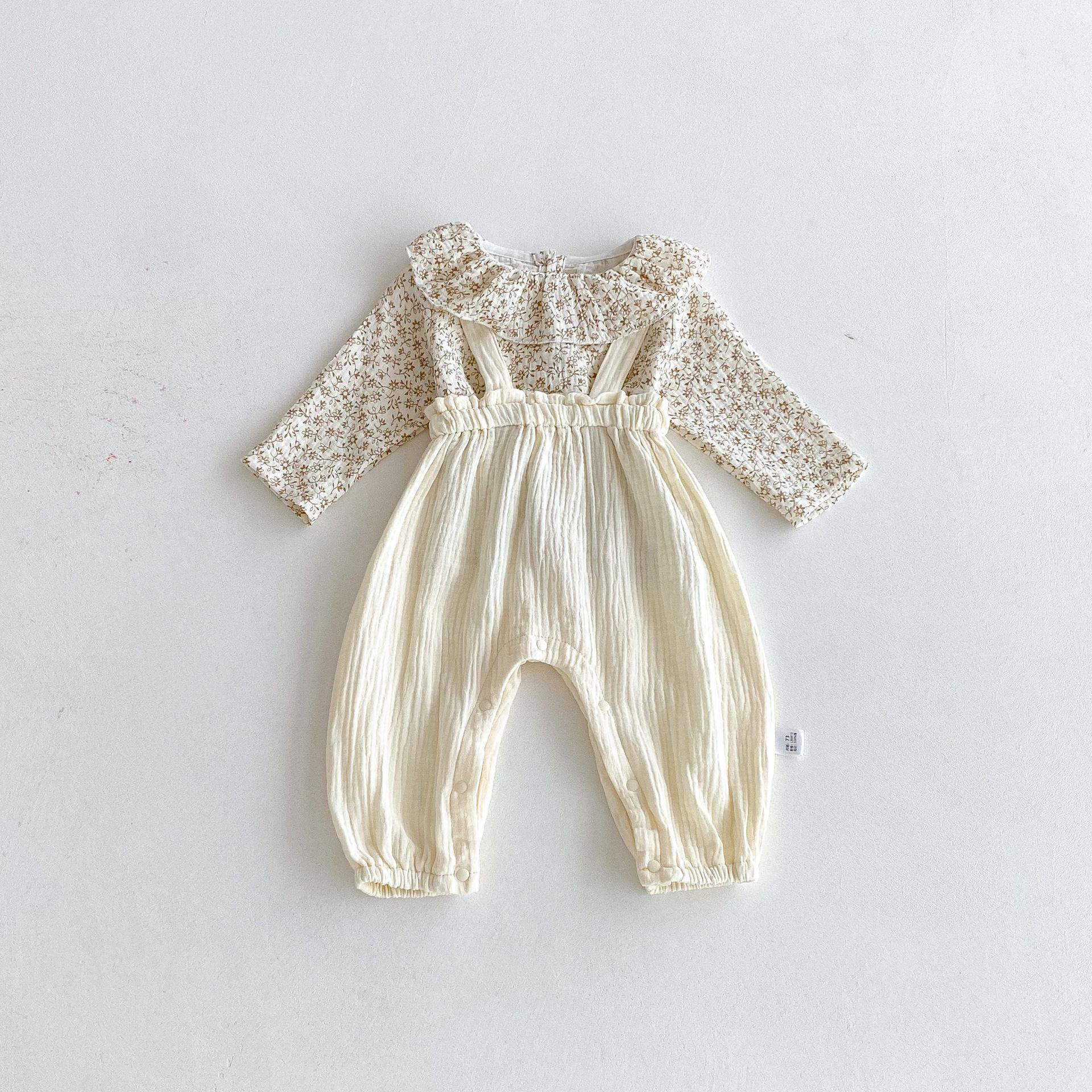 

2025 New Girls Floral Long-Sleeve Top & Solid Overalls Two-Piece Autumn Set 100 cm