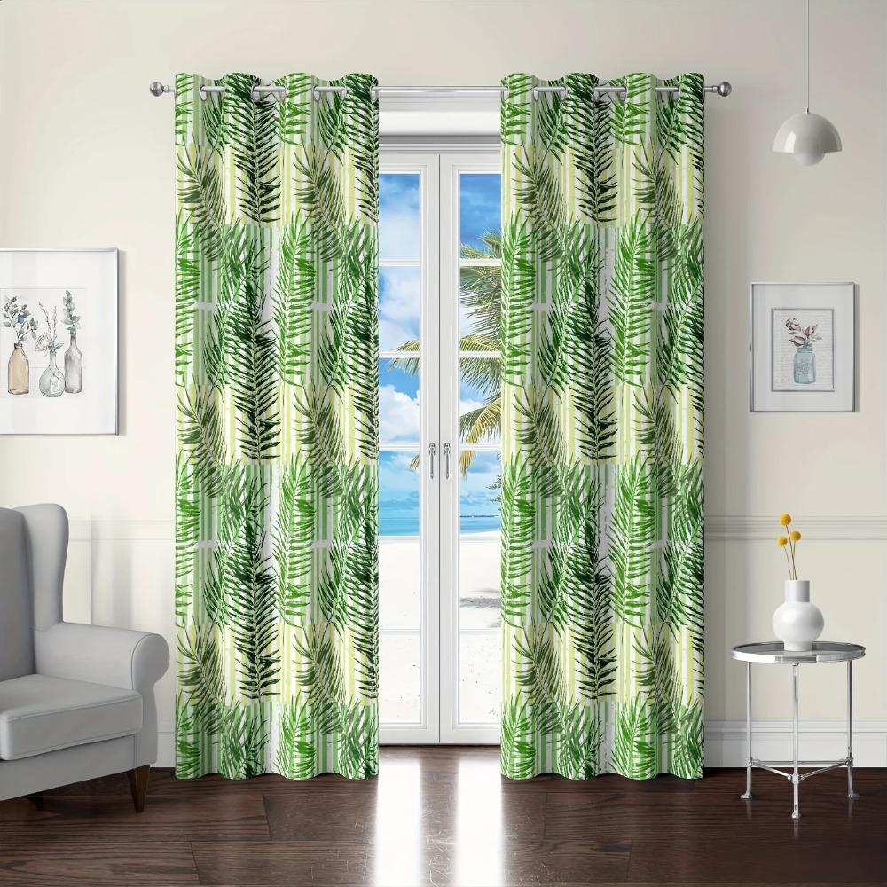2pcs Nordic Green Plant Leaves Curtains-Light-Filtering WindowTreatment for Kitchen, Living Room, Office, and Bedroom Decor