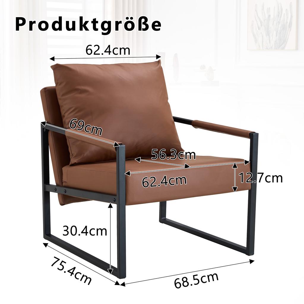 Brown Reading Chair with Black Metal Frame, Modern Casual Armchair Made of Faux Leather, Single Sofa for Living Room, Bedroom, Office