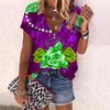 Women's Top Summer New Fashion Rose Flower Gorgeous Flowers Printed Casual Zipper V-neck Short Sleeve Top