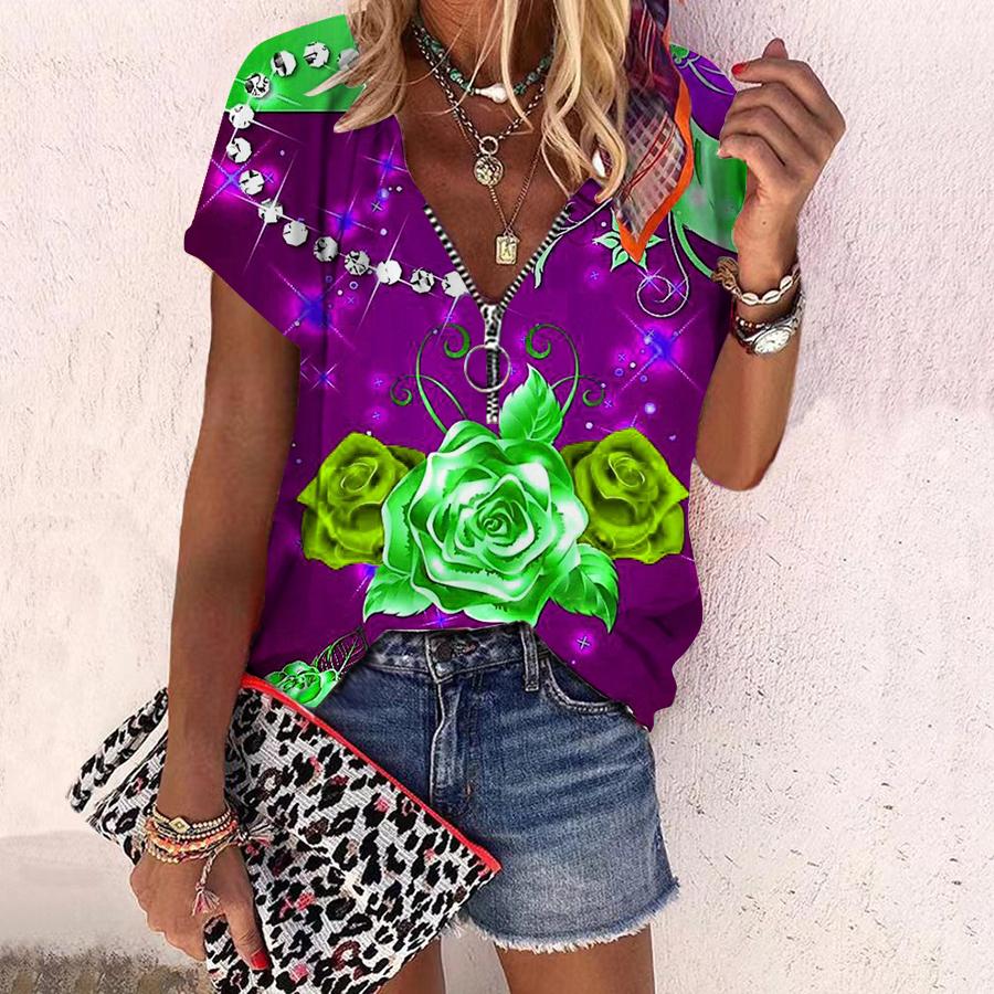 Women's Top Summer New Fashion Rose Flower Gorgeous Flowers Printed Casual Zipper V-neck Short Sleeve Top