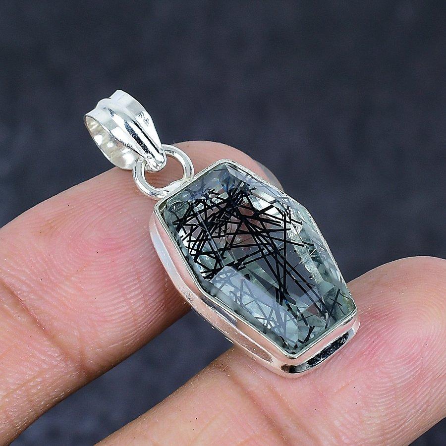 Natural Black Rutile Gemstone 925 Sterling Silver Jewelry Pendant 1.38" e2O80