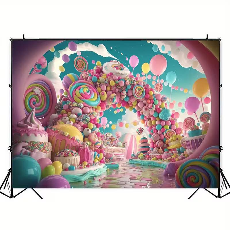 2D Whimsical Sweet Party Backdrop with Candies & Balloons Photo Booth Background