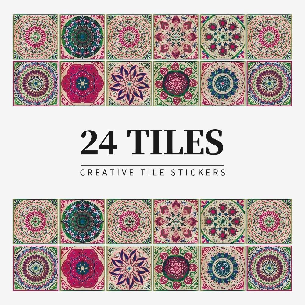 24pcs/set Self-Adhesive Kitchen Wallpaper Mandala Wall Decoration Sticker Bathroom Tile Stickers