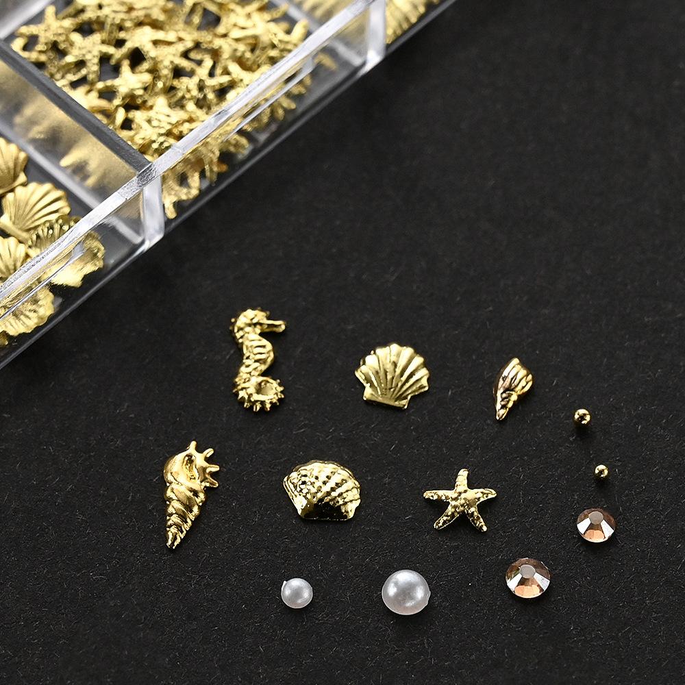 12 Grid 3D Beads Rhinestone Ocean-Inspired Nail Art Charms Alloy Shell Abalone Seahorse Starfish Conch Faux Pearl Beads For Diy Manicure Nail Supplies