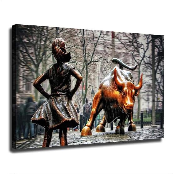 Fearless Girl Street Bull Statue Poster Canvas Printing Wall Art Painting HD Artwork for Bedroom Home Decoration (08x12inch-No Framed) 12L x 8W