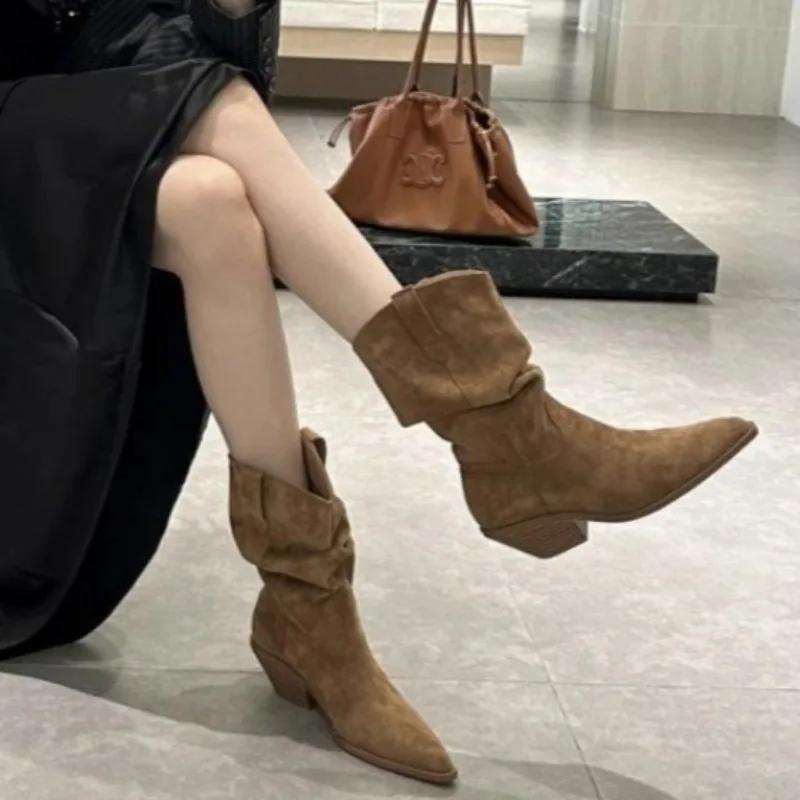 Zamszowe Damskie Kozaki do Połowy Łydki Jednokolorowe na Średnim Obcasie Modne Zimowe Nowe Damskie Szpiczaste Palce Uniwersalne Plisowane Kozaki Modowe