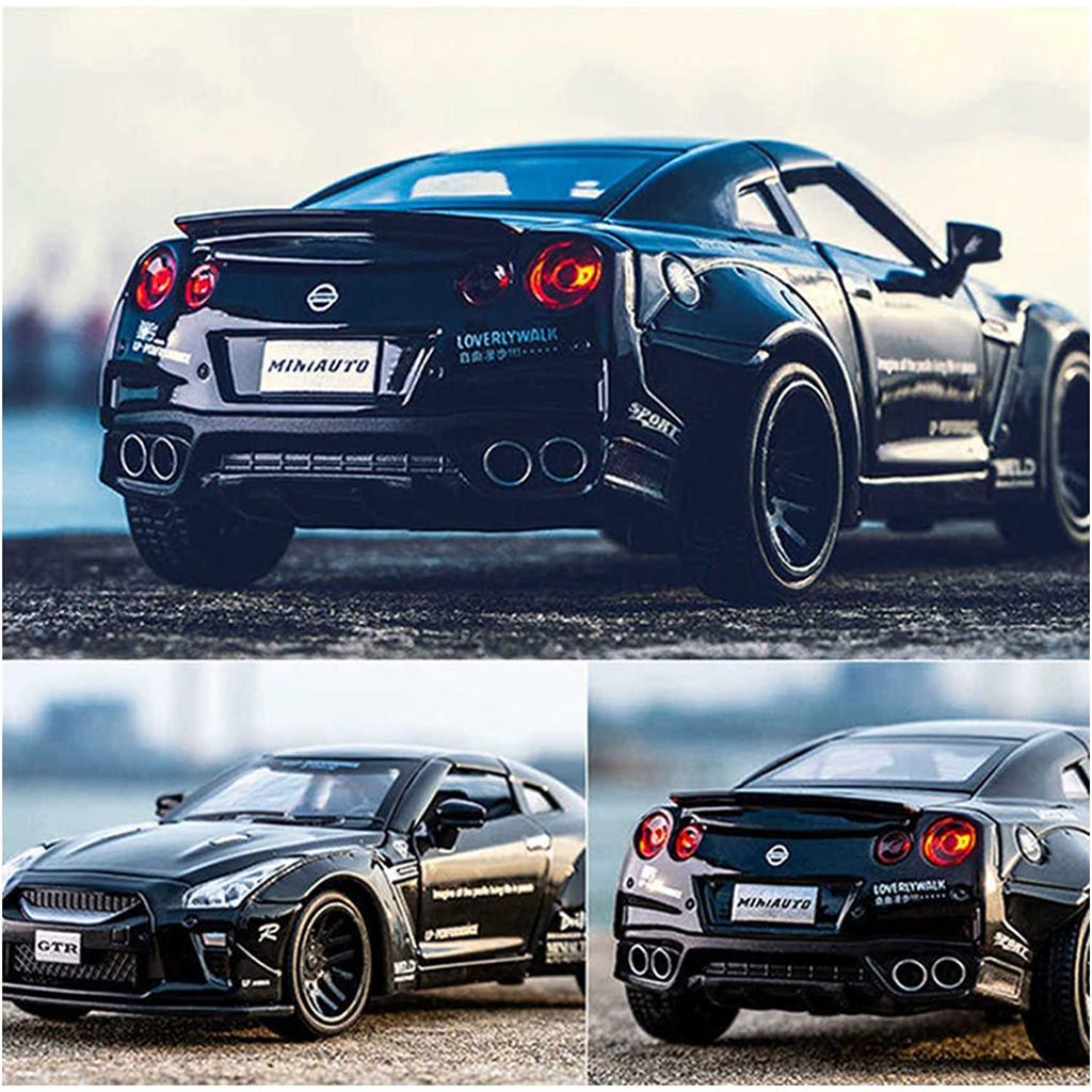 1/32 skala Nissan GTR Diecast bilmodell leketøy, tilbaketrekkende leketøy med lyd og lys for barn Småbarn Gutter Jenter Gavesamling