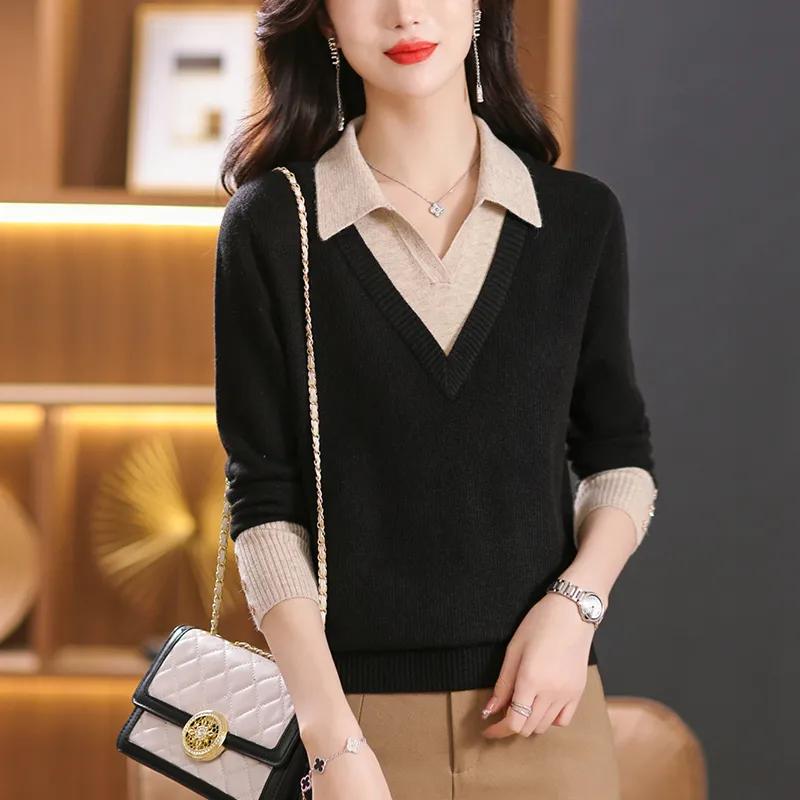 Spring Autumn and Winter Fashion Original Fake Two Piece Polo Neck Sweater Women's Contrast Button Loose Simple Patchwork Long Sleeve Knit Top