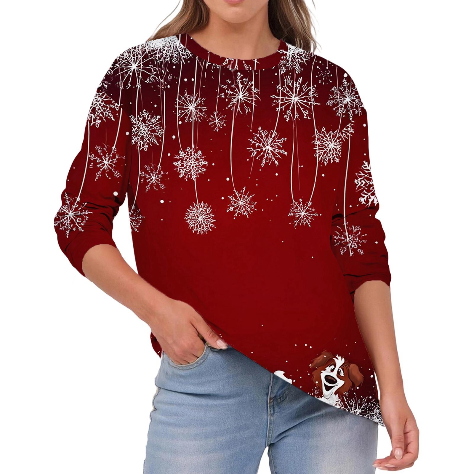 

Женская мода Повседневный Рождественский принт Круглый вырез Однотонный Топ с длинным рукавом XL винный