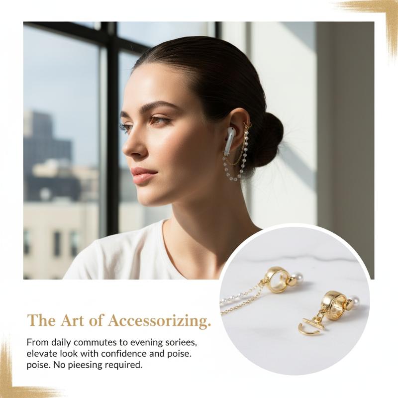 Anti Lost Wireless Earbud Holder Earrings Gold Plated Chain Faux Pearl Crystal Decor Perfect For Daily Wear Travel Party