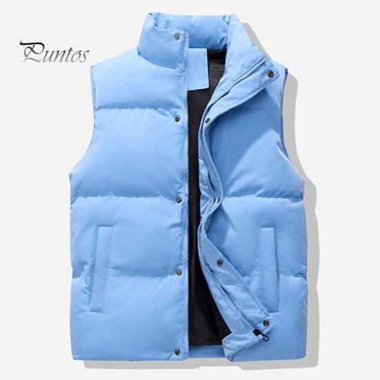 Men Windproof Vest Stand Collar Sleeveless Button Zipper Closure Waistcoat with Pockets Solid Color Thickened Down Vest Coat
