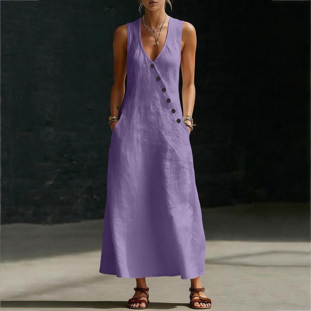 2026 Spring/Summer European V-neck Sleeveless Maxi Dress - Cotton Linen Button-up