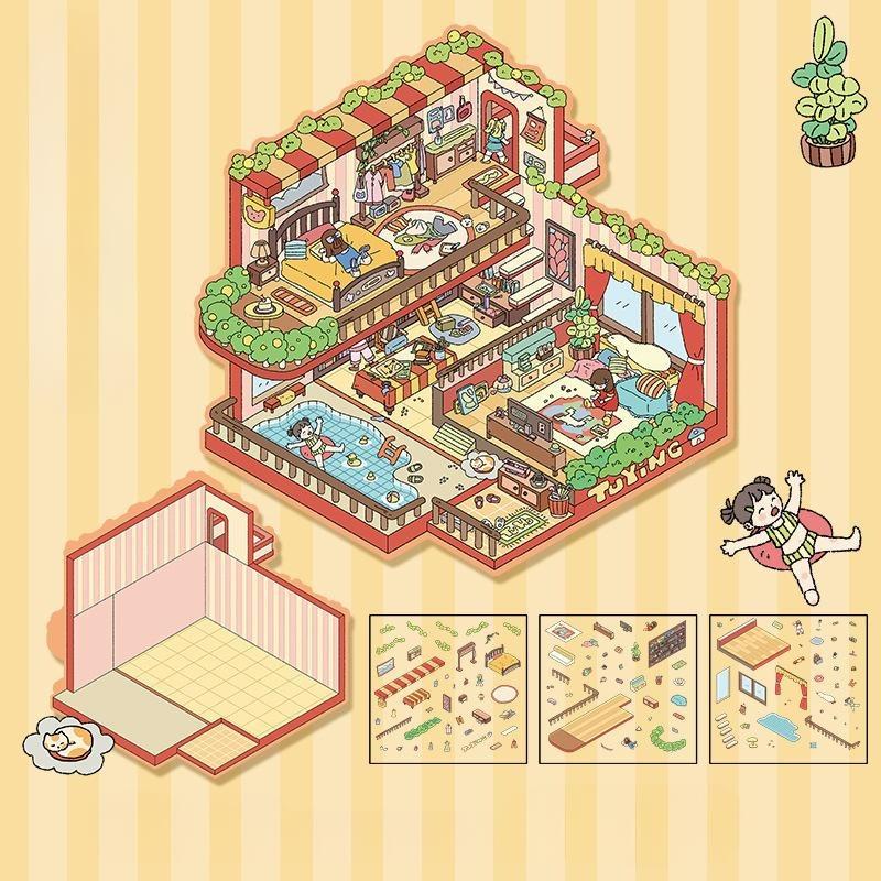 Cartoon Miniature Scene 3D Stickers Retro DIY  PET Landscape Stickers Decompression Korean Stationery Scrapbooking Posters