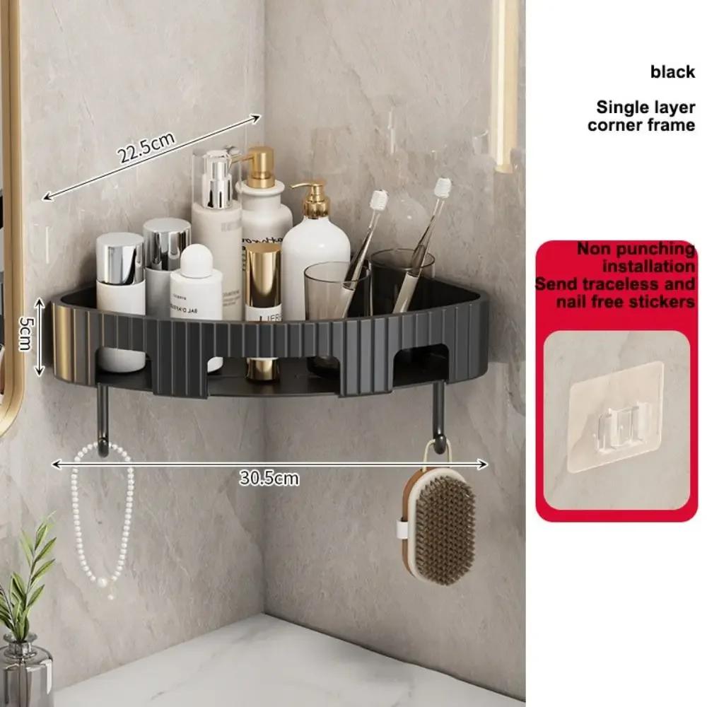 

New Plastic Bathroom Storage Rack No Punch Wall Mount Condiment Organizer with Hook Multi-purpose Corner Shelf чорний