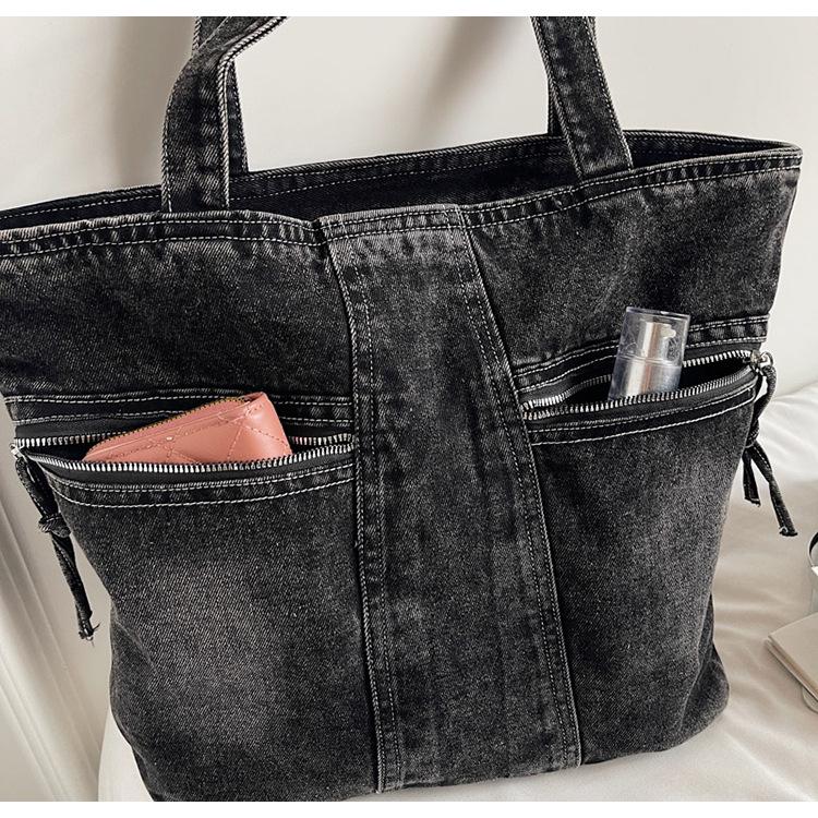 Retro Casual Multi-Pocket Washed Denim Tote Bag - 2025 Trendy Mommy Commute Shoulder Bag