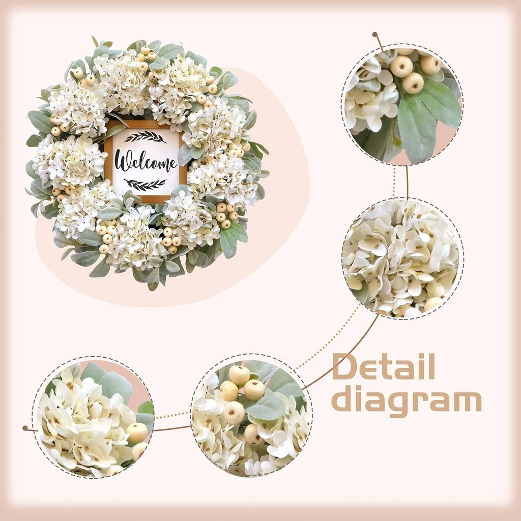 Premium Wedding Hydrangea Wreath Realistic Flowers with White Berries and a Built-in Welcome Sign, Suitable for Front Door