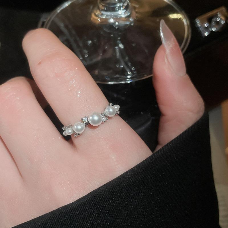Cold wind zircon pearl opening ring Korean elegant temperament versatile index finger ring light luxury high-end jewelry women