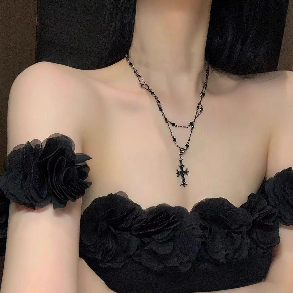 Damen Y2K Schwarzes Kreuz Lang Mehrlagig Schlüsselbein Choker Halskette