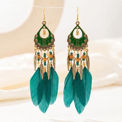 Bohemian Charm Colorful Feather Earrings for Women Retro Design Drop Oil Handmade Beaded Long Earrings Ethnic Vacation Jewelry
