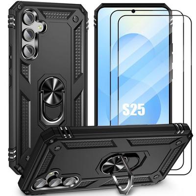 Etui ochronne - BOOLING - dla Samsunga Galaxy S25 - Czarne - Obrotowy pierścień - 2 Szkła hartowane