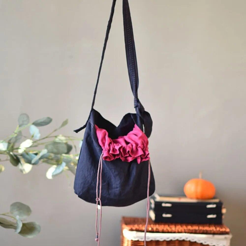 Johnature Two-color Drawstring Buckle Large Literary Handmade Embroidery Thread Cross-shoulder Casual Hand-made Women Buckets