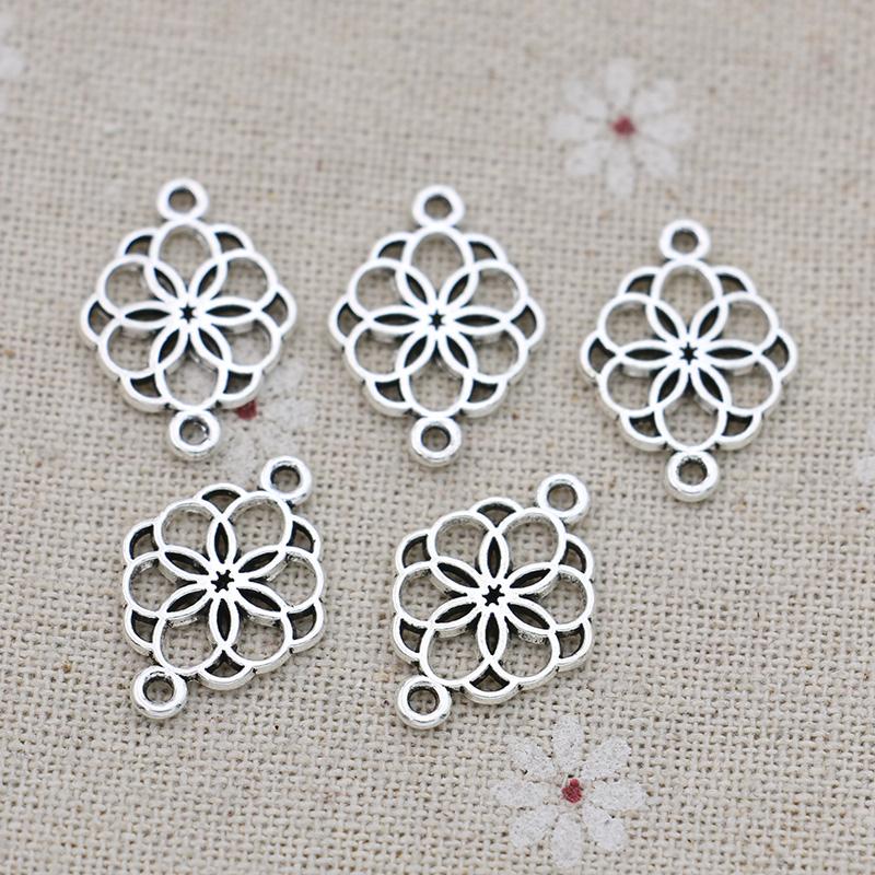 10Pcs Antique Silver Plated Flower Charm Connector For Jewelry Making Bracelet Accessories Diy Findings 15X21Mm