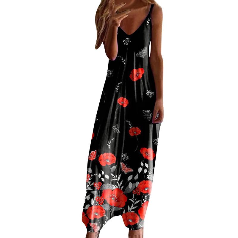 Women's Plus Size V-Neck Spaghetti Strap Long Dress - European & American Style