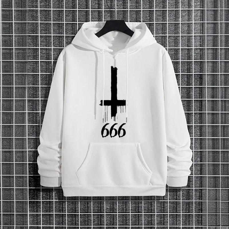 Urban Fashion Hip Hop Hooded Sweatshirt Male Trendy Casual Pullover Satan Inverted Cross 666 Symbol Streetwear Hoodies for Men