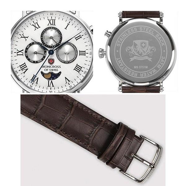Moncross Herren-Vollkalender-Mondphasen-Lederuhr 43 mm MS3751, koreanische beliebte Uhren