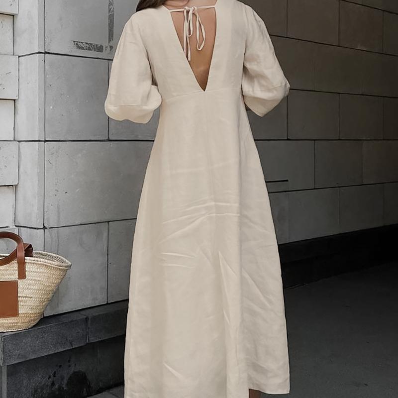 Simple Linen V-neck Puff Sleeve Backless Tie Dress Spring and Autumn Long Dress