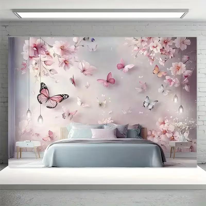 2D Romantic Cherry Blossom & Butterfly Tapestry Living Room Background Cloth