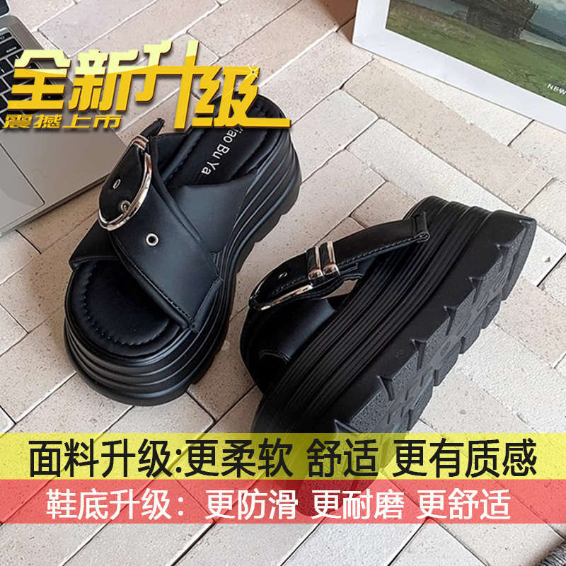 

8Cm thick bottom heightening fashionable versatile beach sandals 2025 summer new new outer wear metal belt buckle slippers 35
