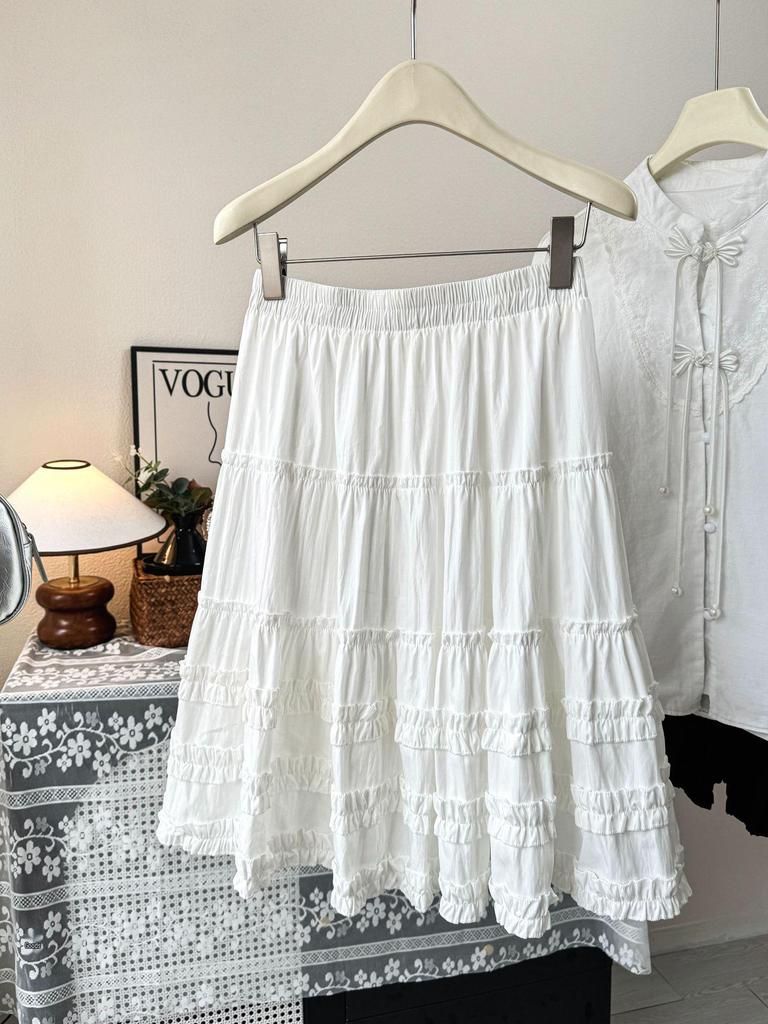 Versatile A-line Layered Cake Skirt with Ruffle Lace - Petite High-Waisted Midi White Skirt for Women