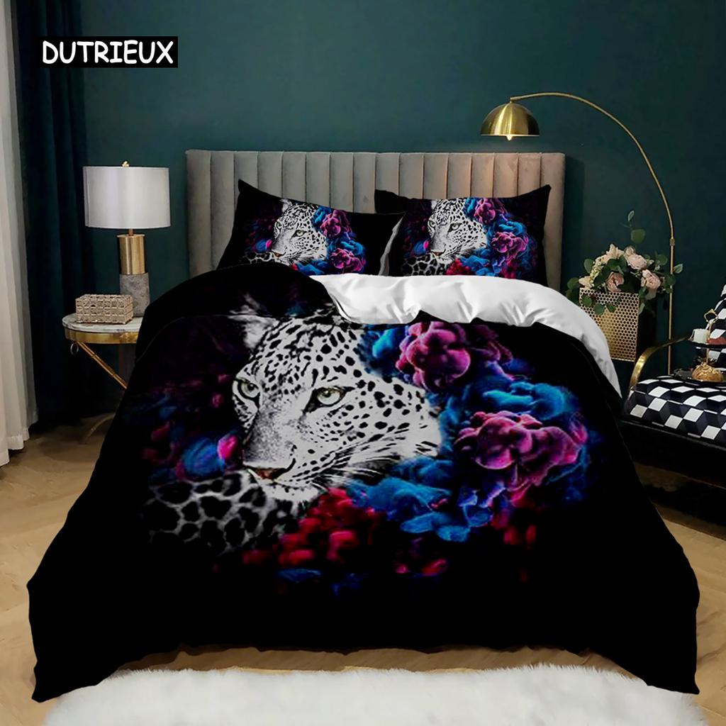 Tiger Duvet Cover Set Red Rose Flower Comforter Cover Boys African Safari Wild Animals Big Cat Queen King Polyester Qulit Cover