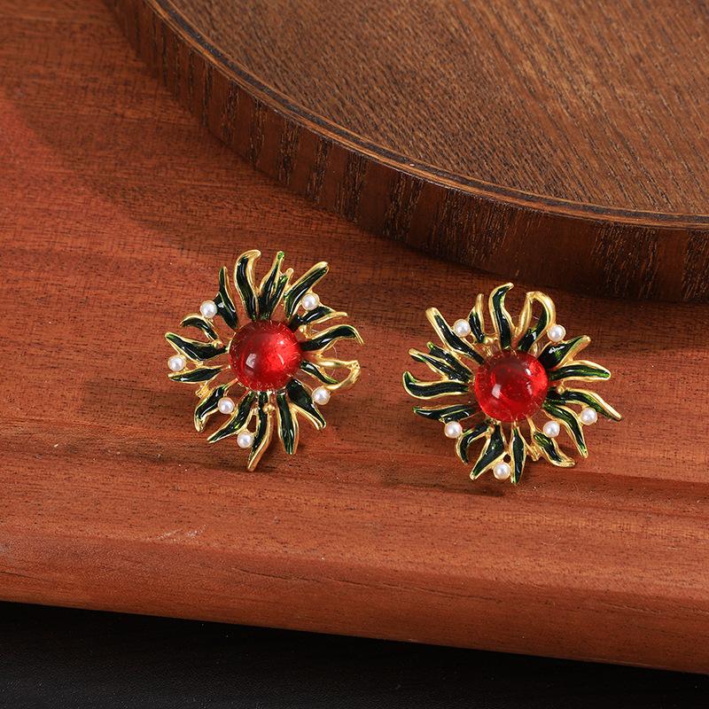 Boucles d'oreilles Puces Tournesol Émail Vintage Goutte d'Huile Boucles d'oreilles Perles Haut de Gamme Boucles d'oreilles Style Cour Médiévale Luxe Léger pour Femmes