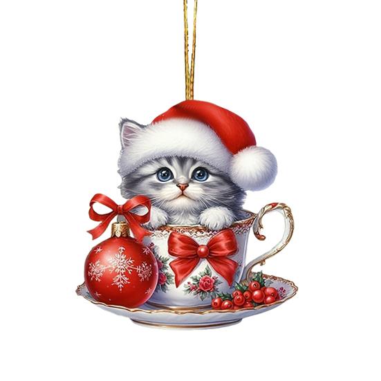 Acrylic Teacup Cat Hanging Ornaments Cute Cartoon Cat Christmas Ornament 2D